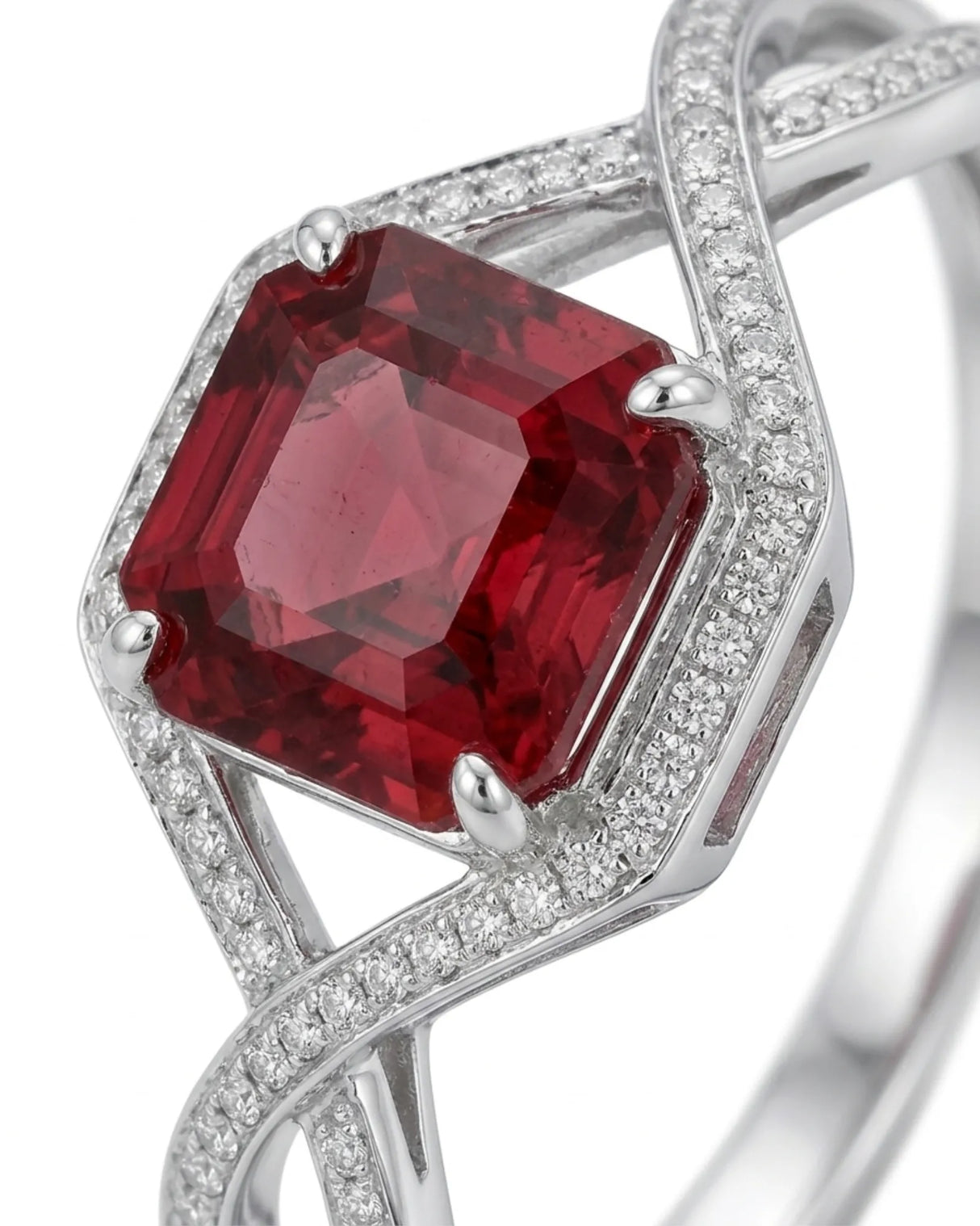 Luxury red-pink garnet and diamond ring in polished 18K white gold | SARATTI