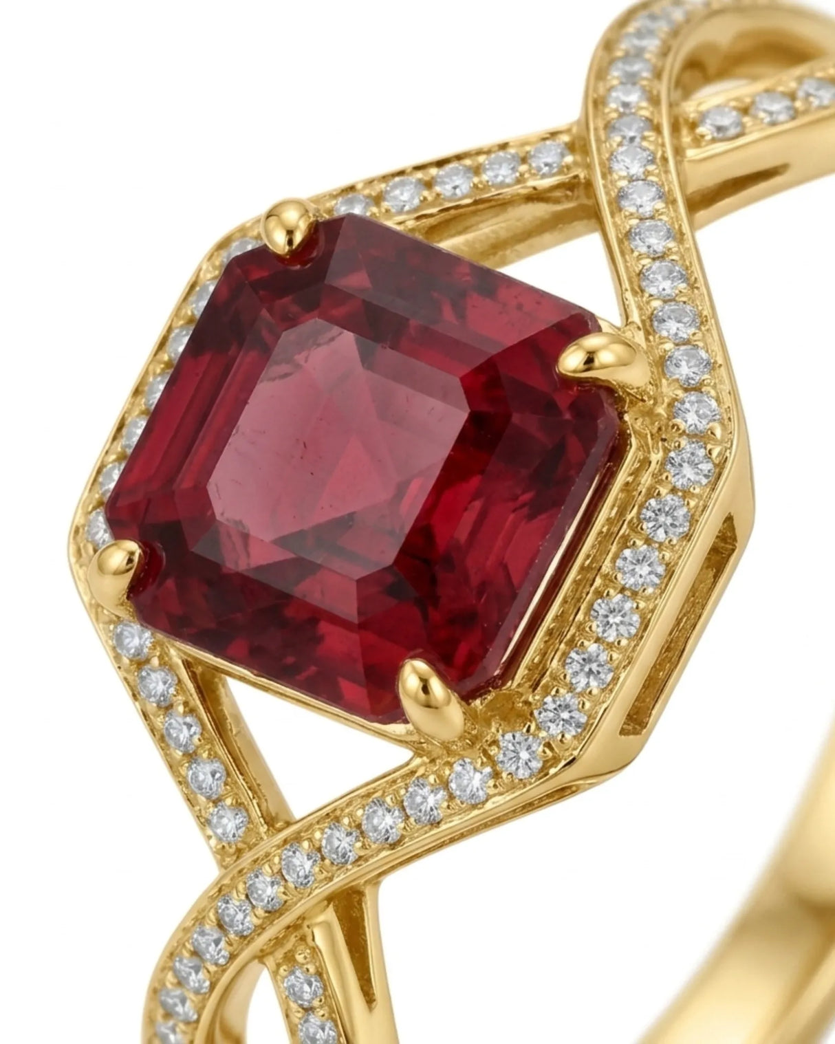 Luxury red-pink garnet and diamond ring in polished 18K yellow gold | SARATTI
