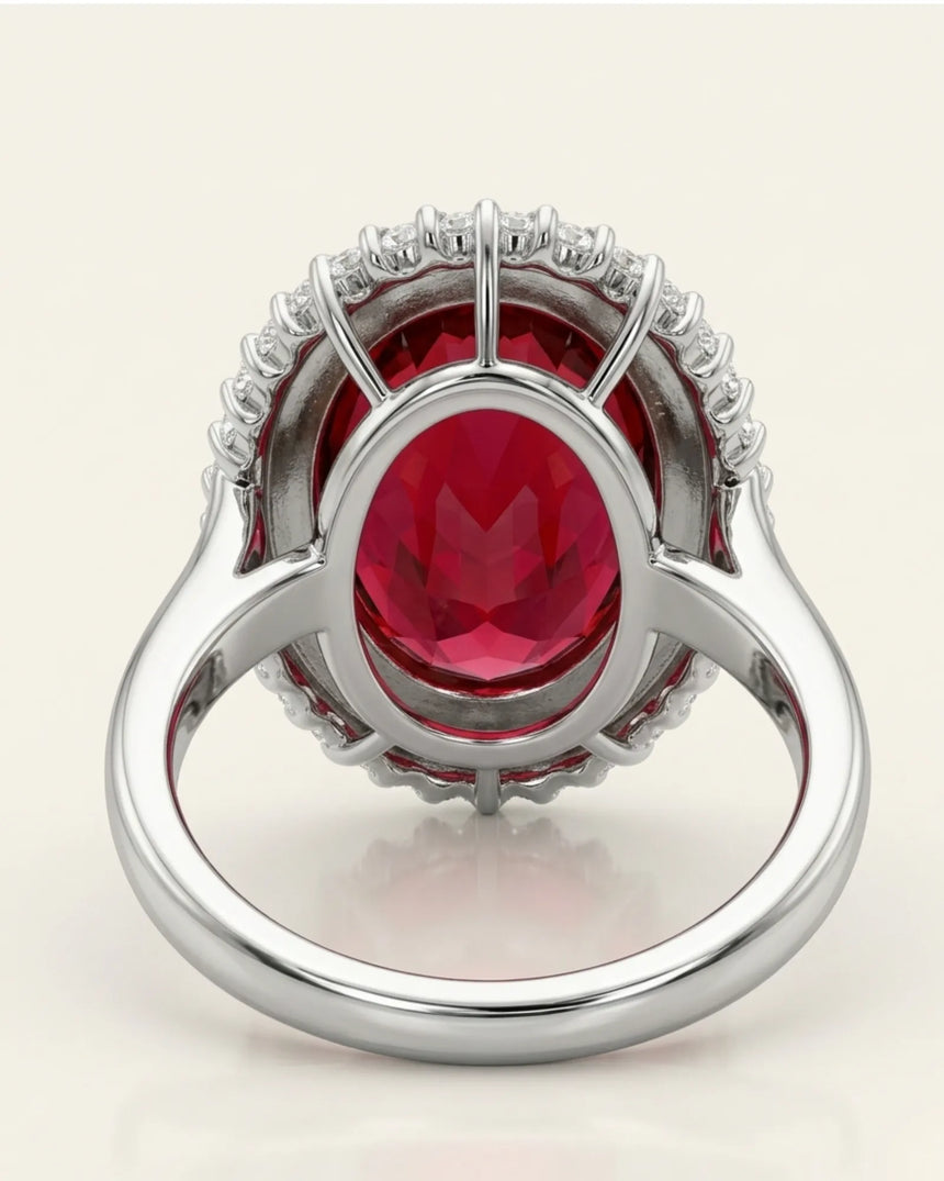 Luxury red tourmaline and diamond ring in platinum with radiant halo design | SARATTI