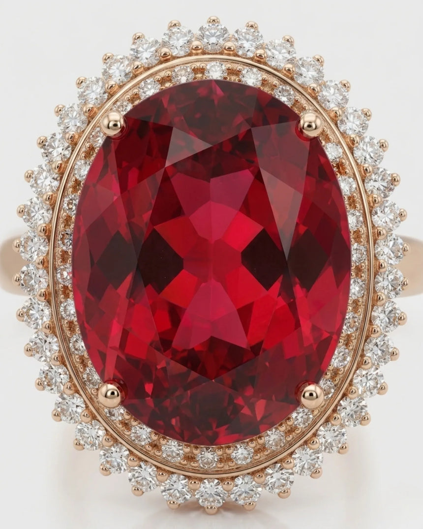 Luxury red tourmaline and diamond ring in rose gold with radiant halo design - SARATTI