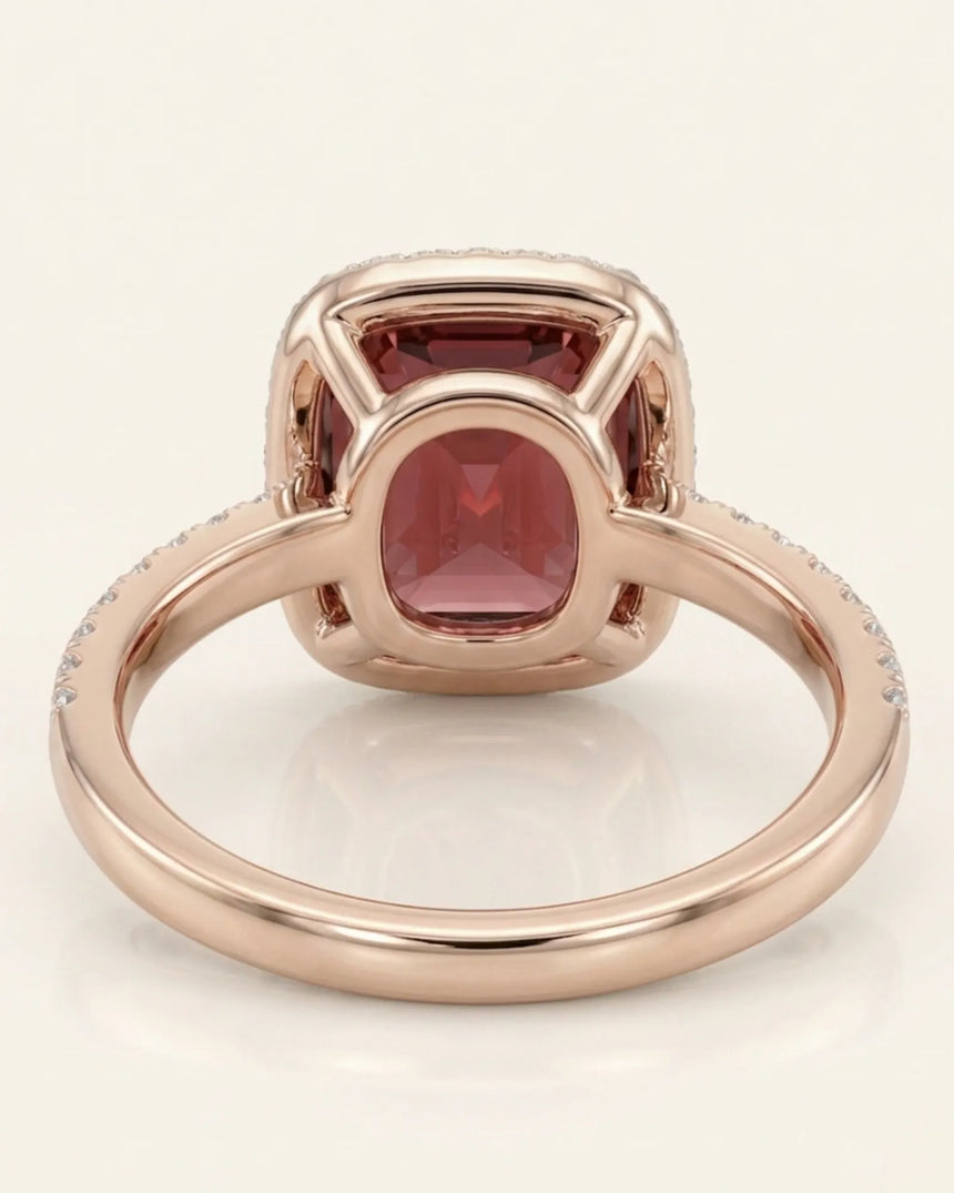 Luxury red tourmaline diamond halo ring in 18K rose gold | SARATTI