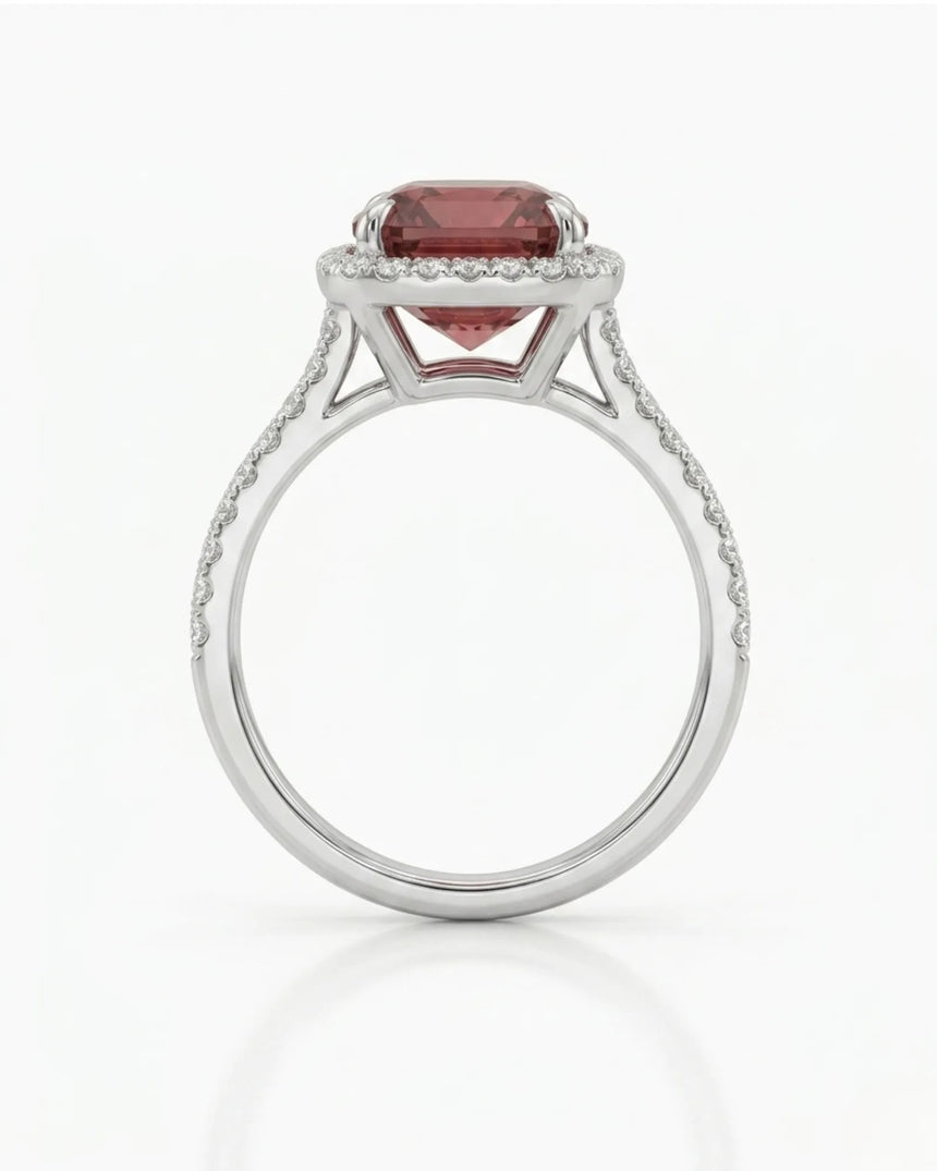 Luxury red tourmaline diamond halo ring in 18K white gold - SARATTI