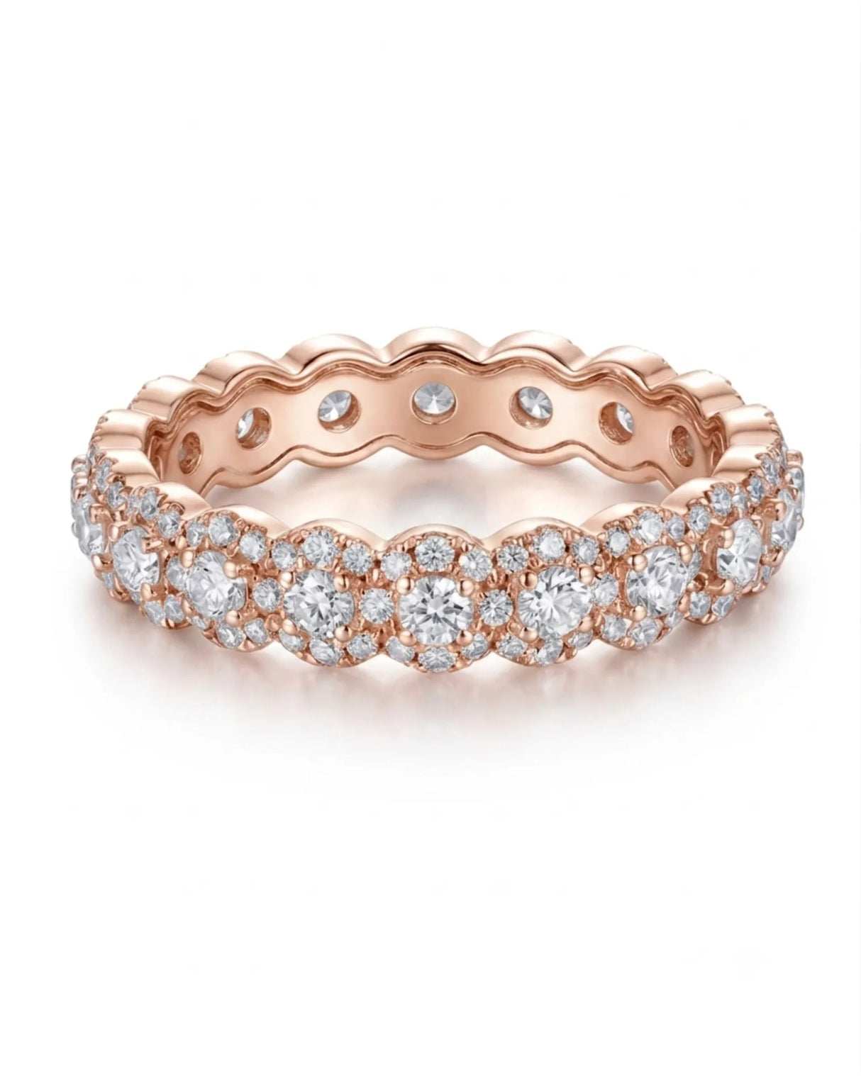 Luxury rose gold wedding band with round diamonds and clustered brilliance throughout | SARATTI