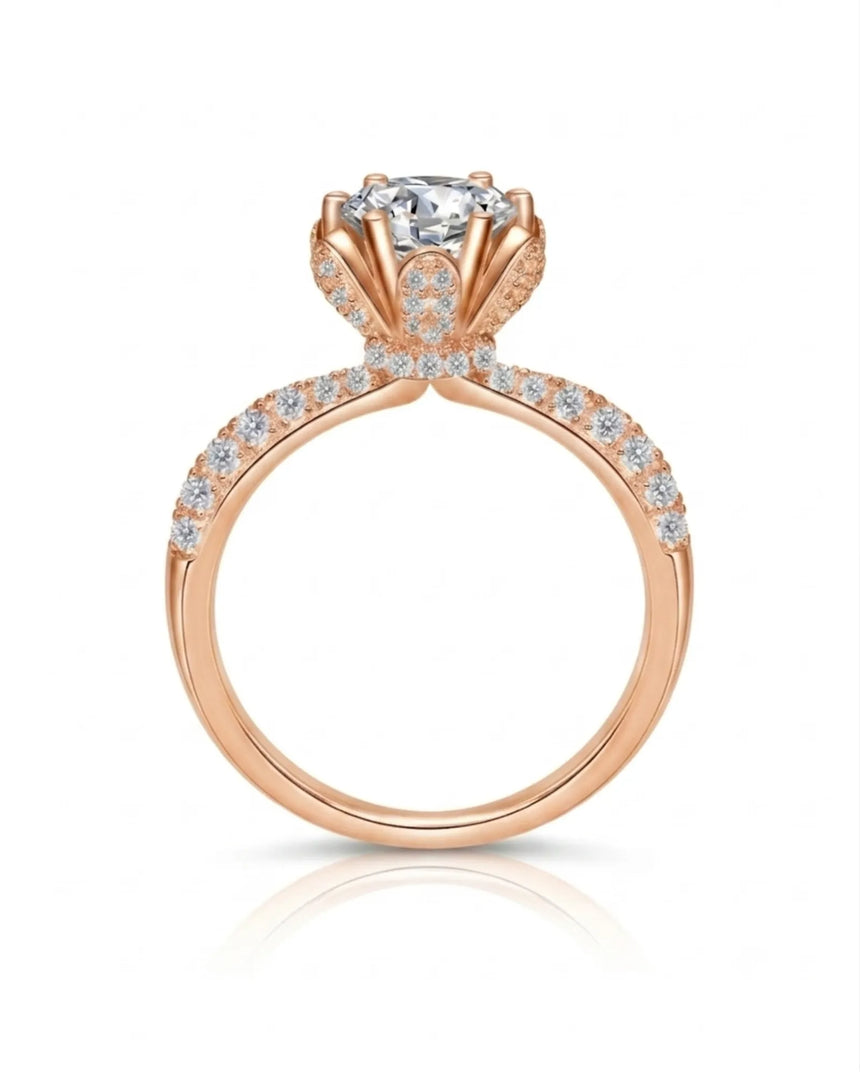 Luxury round moissanite ring with crystal-covered petals, hidden halo, and 18K rose gold craftsmanship - SARATTI