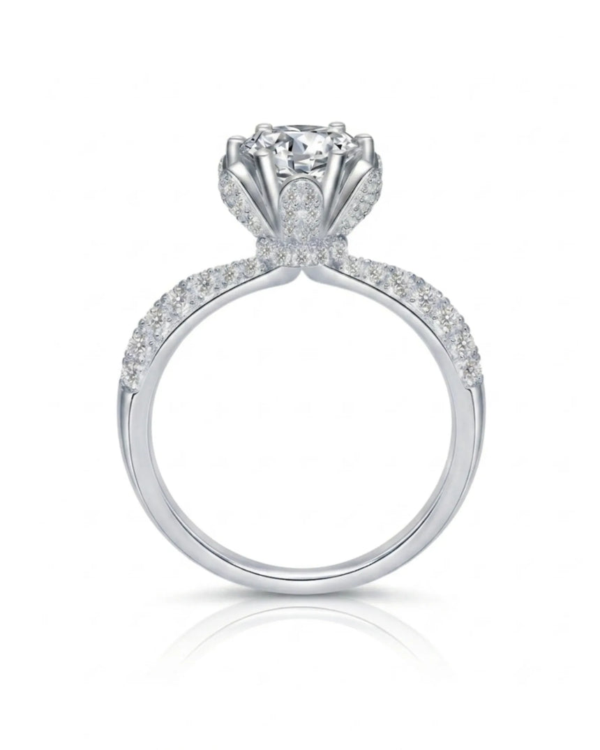 Luxury round moissanite ring with crystal-covered petals, hidden halo, and 18K white gold craftsmanship | SARATTI