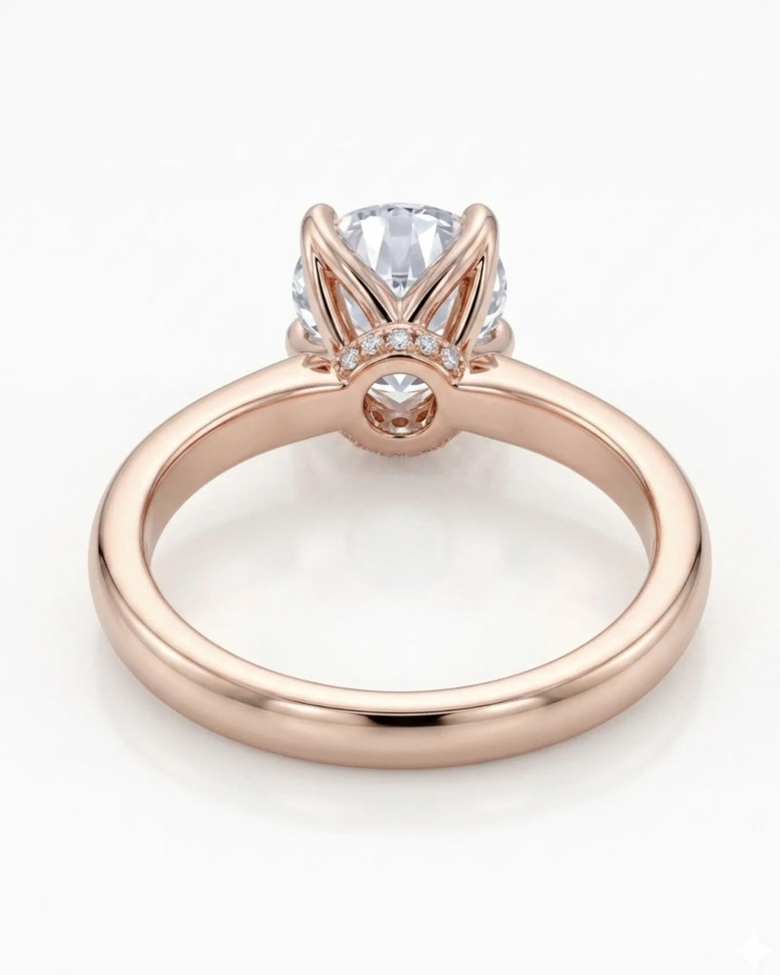 Luxury round moissanite ring with hidden pavé detail and soft rose gold setting - SARATTI