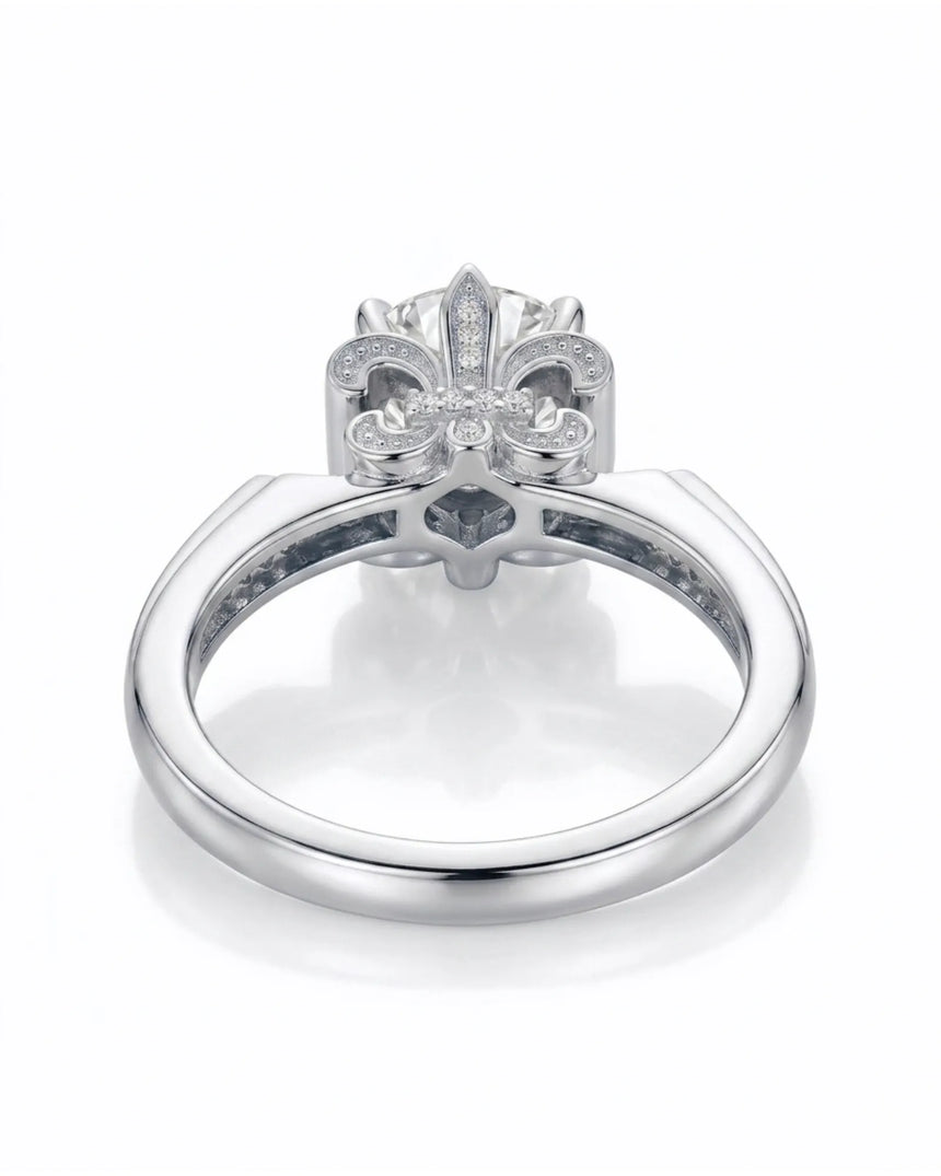 Luxury round moissanite ring with pavé accents and architectural fleur-de-lis gallery crafted in 18K white gold - SARATTI