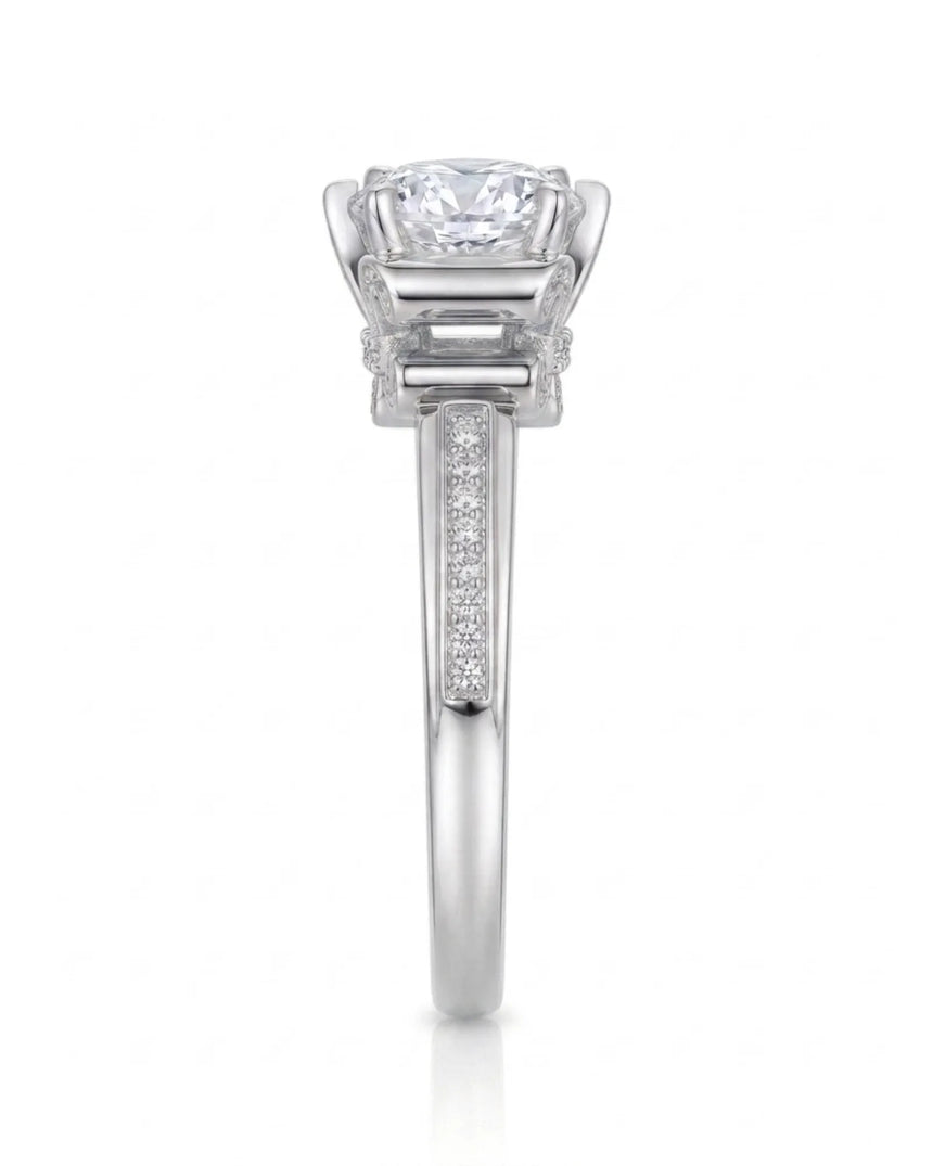 Luxury round moissanite ring with pavé accents and architectural fleur-de-lis gallery crafted in 18K white gold | SARATTI