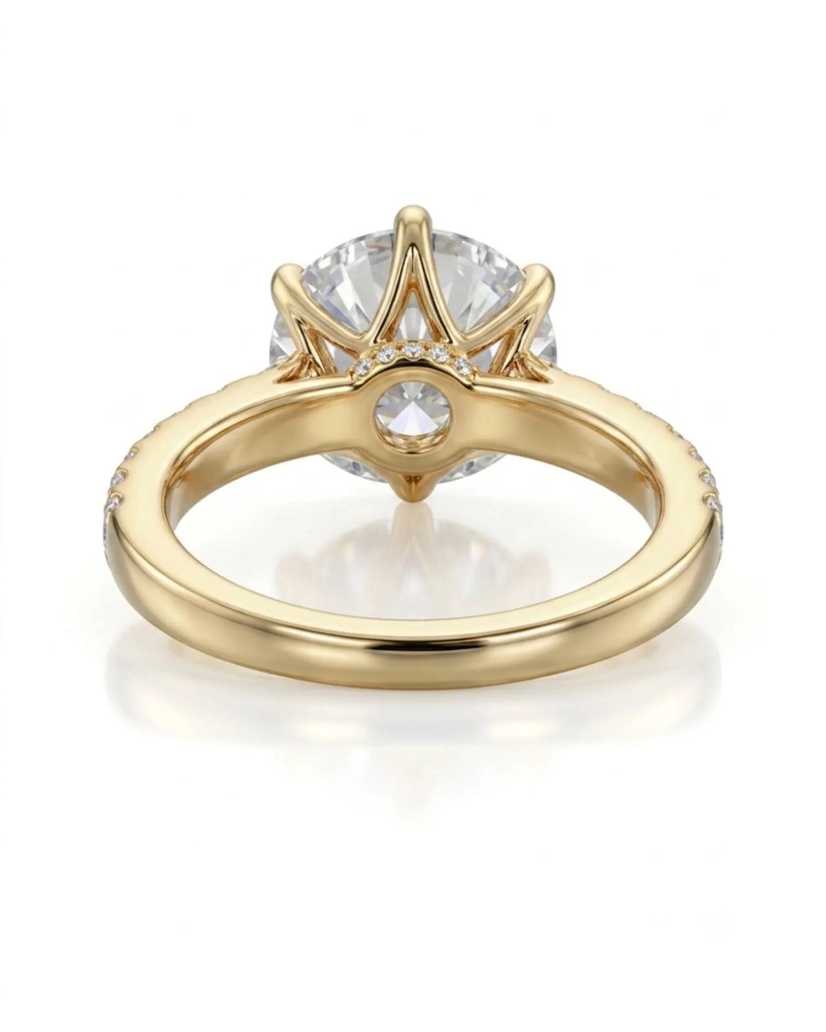 Luxury round moissanite ring with pavé shoulders and rich yellow gold setting - SARATTI