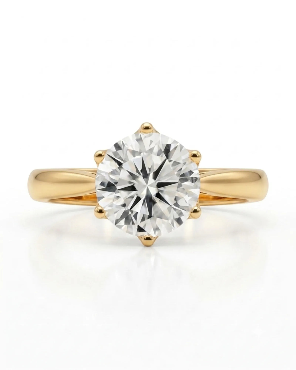 Luxury round moissanite solitaire ring in yellow gold for elegant engagement styling | SARATTI.