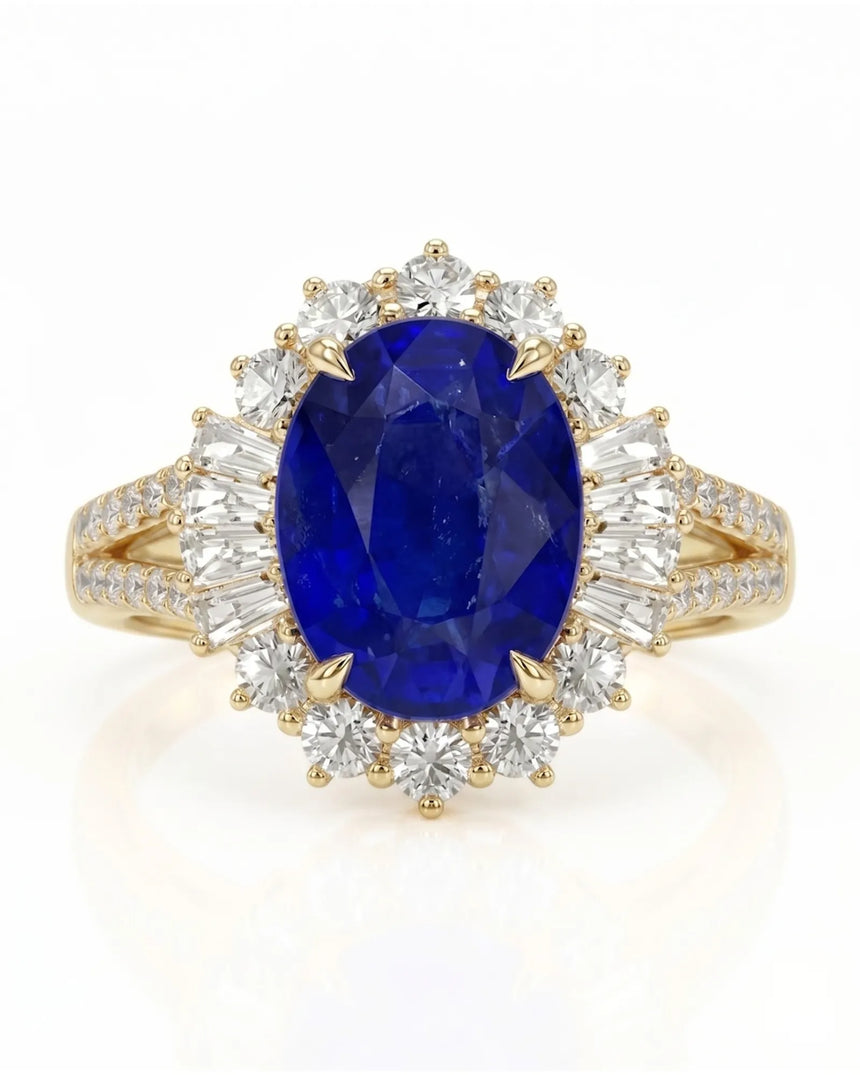 Luxury royal blue sapphire diamond ring crafted in rich 18K yellow gold | SARATTI