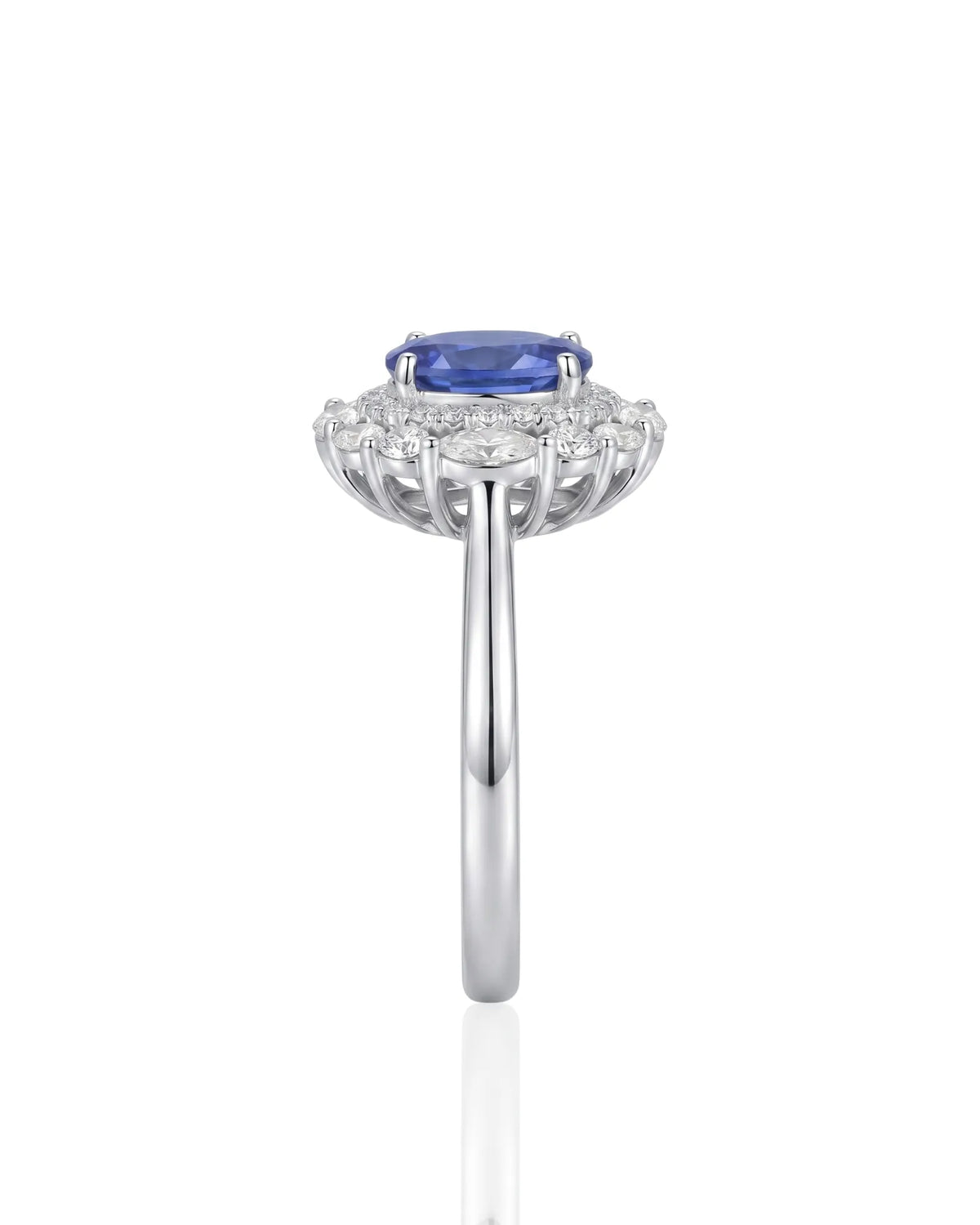 Luxury royal blue sapphire diamond ring with classic halo design in 18K white gold - SARATTI