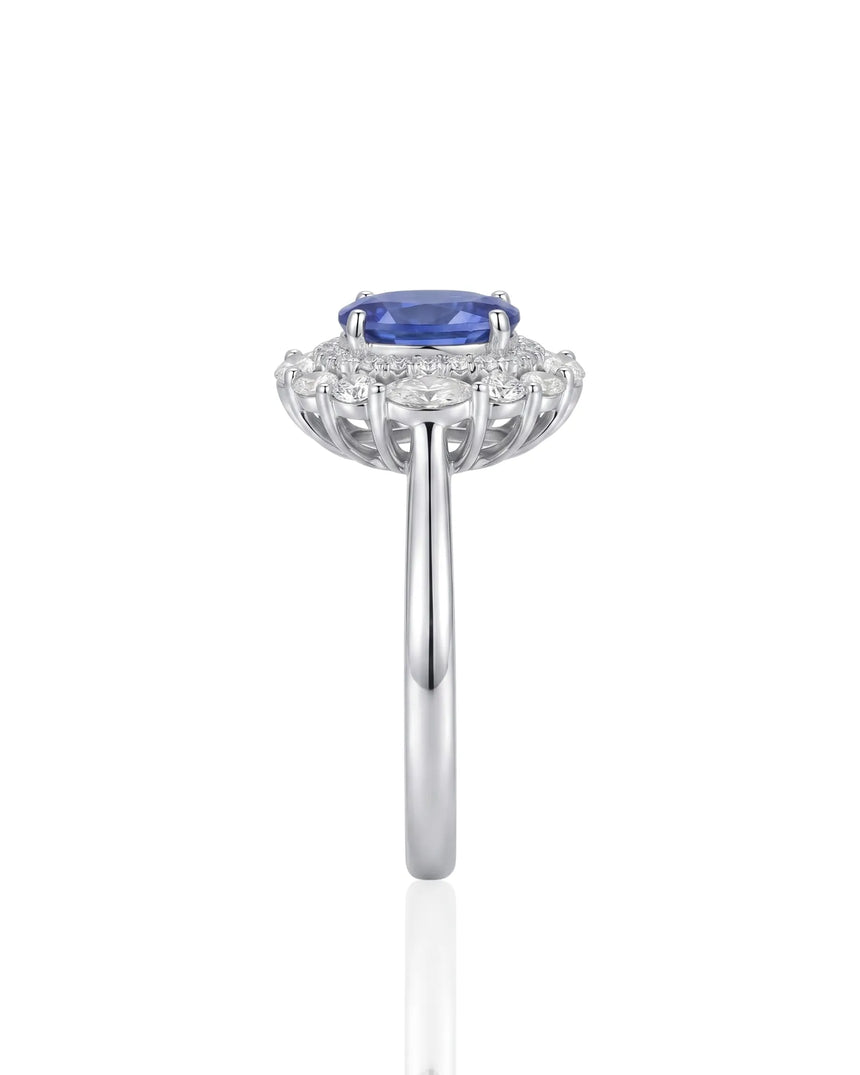 Luxury royal blue sapphire diamond ring with classic halo design in 18K white gold - SARATTI