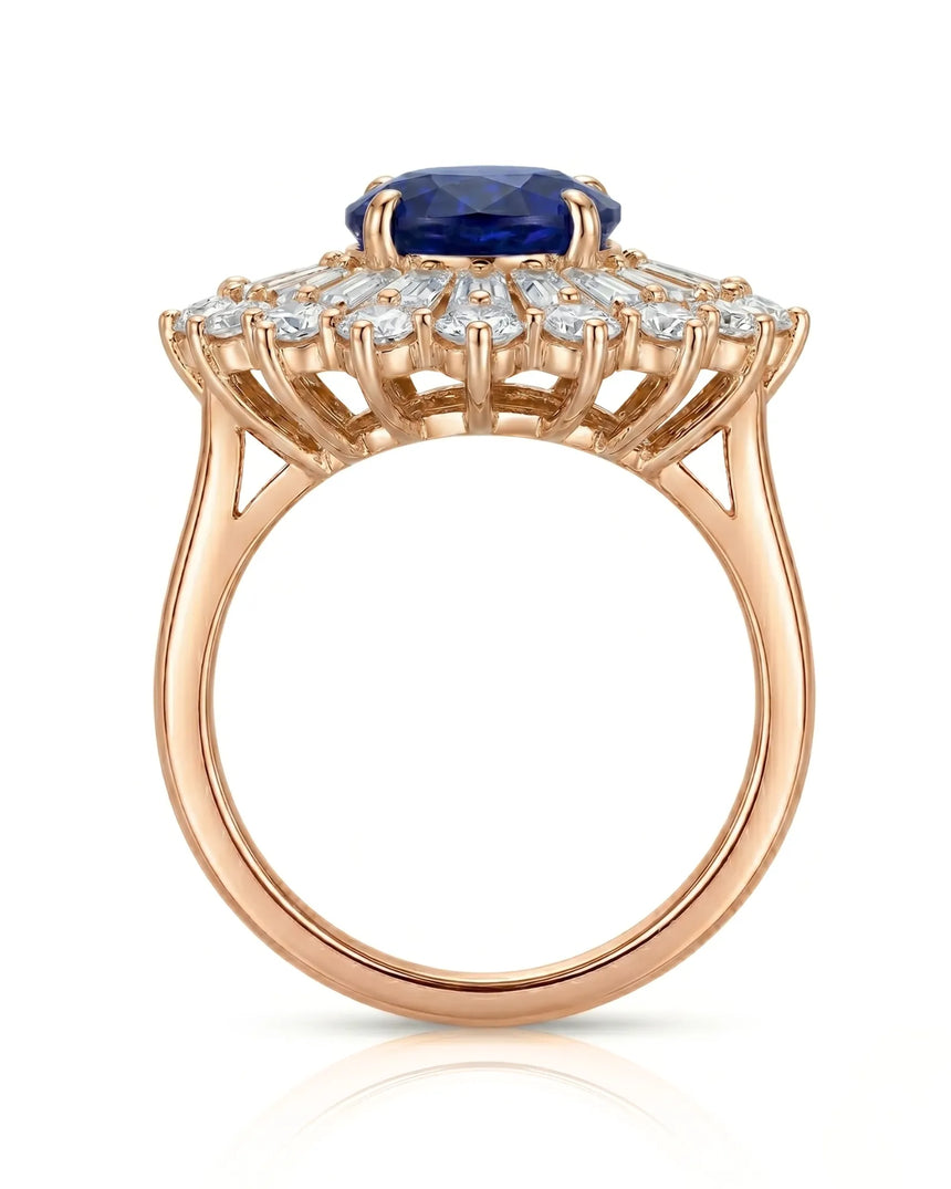 Luxury royal blue sapphire statement ring with diamond sunburst in 18K rose gold - SARATTI