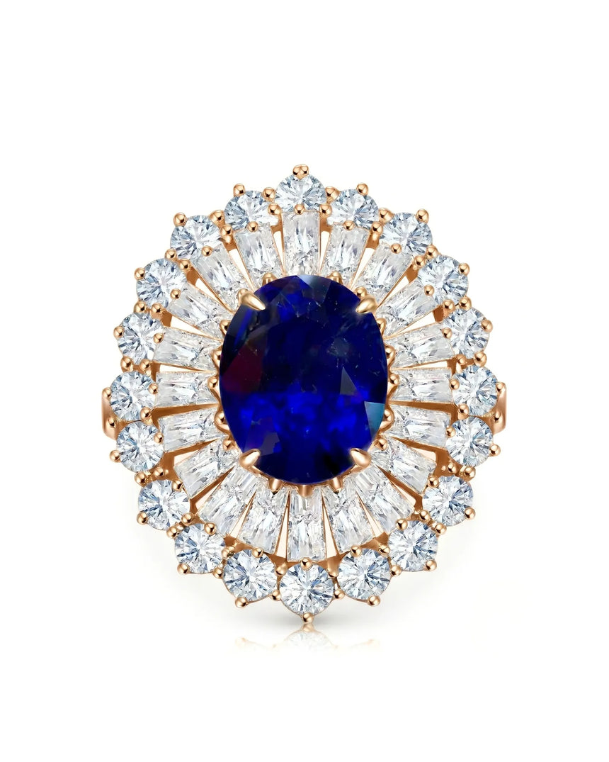 Luxury royal blue sapphire statement ring with diamond sunburst in 18K rose gold | SARATTI