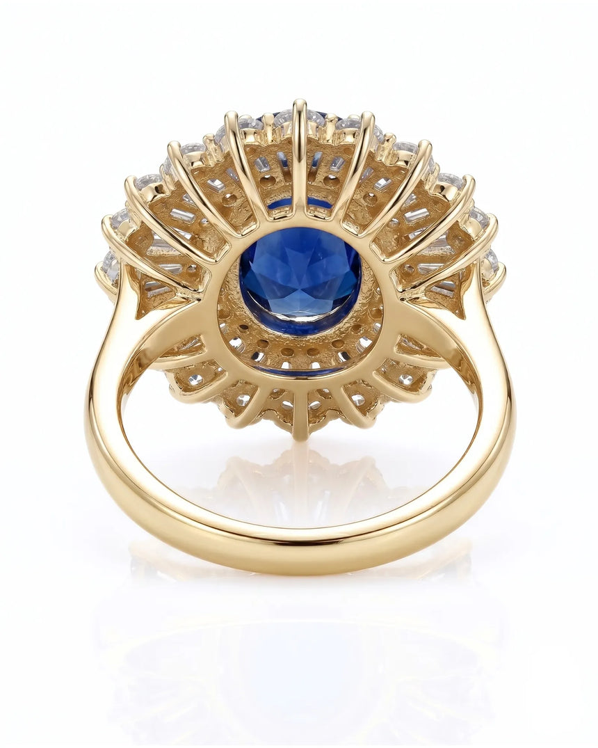 Luxury royal blue sapphire statement ring with diamond sunburst in 18K yellow gold - SARATTI