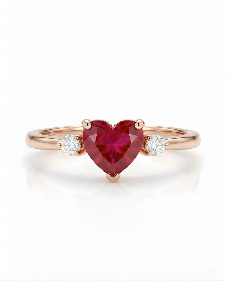 Luxury ruby and diamond three-stone ring for meaningful gifting in 18K Rose Gold | SARATTI
