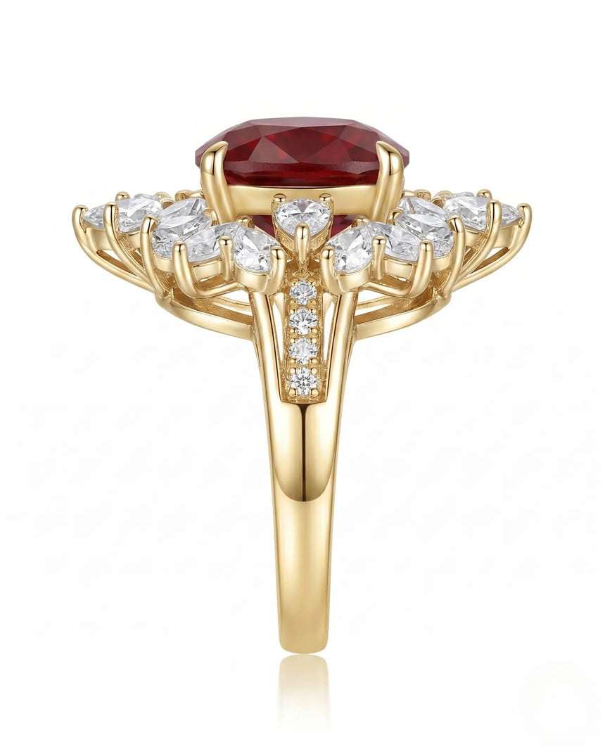 Luxury ruby cocktail ring with diamond petal halo in 18K yellow gold | SARATTI