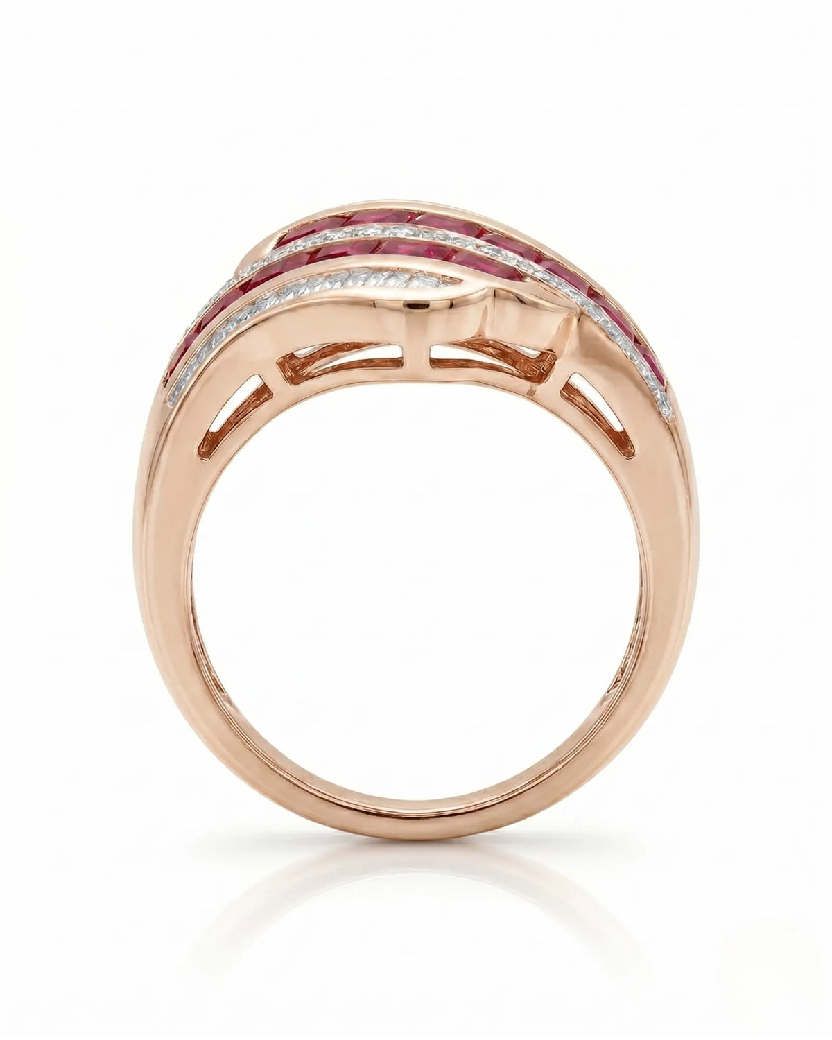 Luxury ruby fashion ring with mixed diamonds in polished rose gold | SARATTI