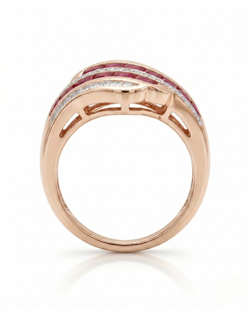 Luxury ruby fashion ring with mixed diamonds in polished rose gold | SARATTI