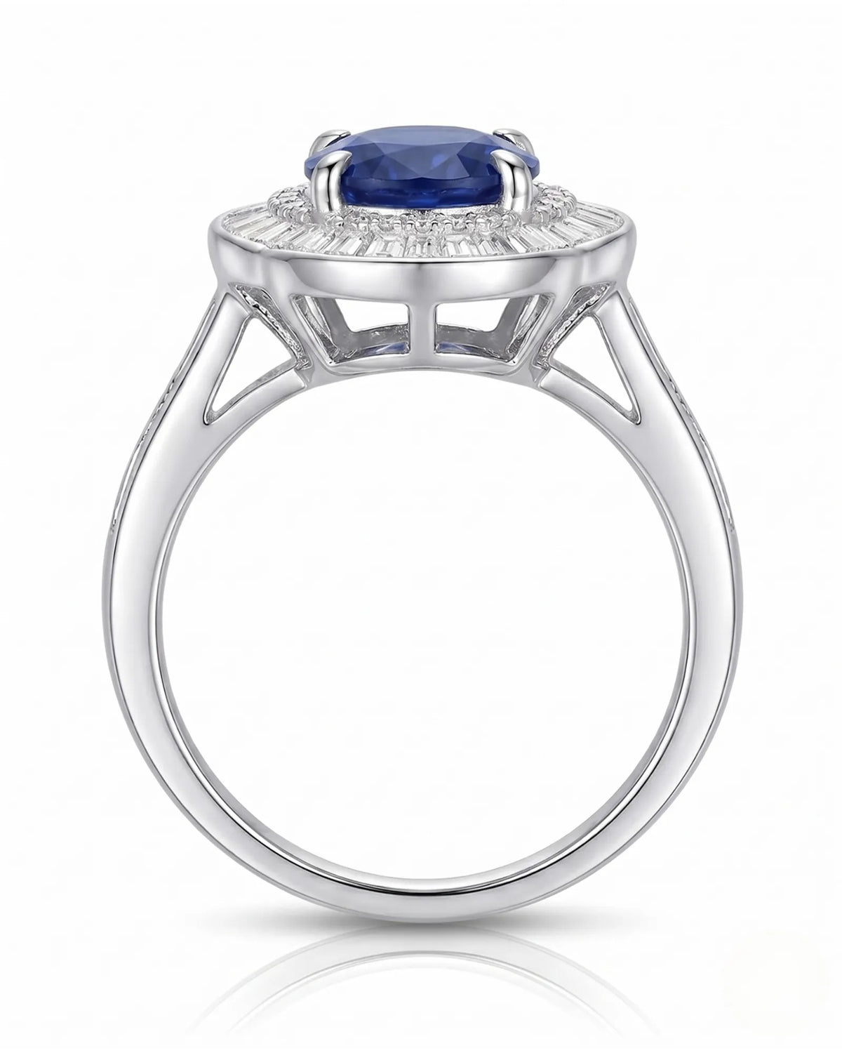 Luxury sapphire and baguette diamond ring with heirloom sunburst design in 18K white gold | SARATTI