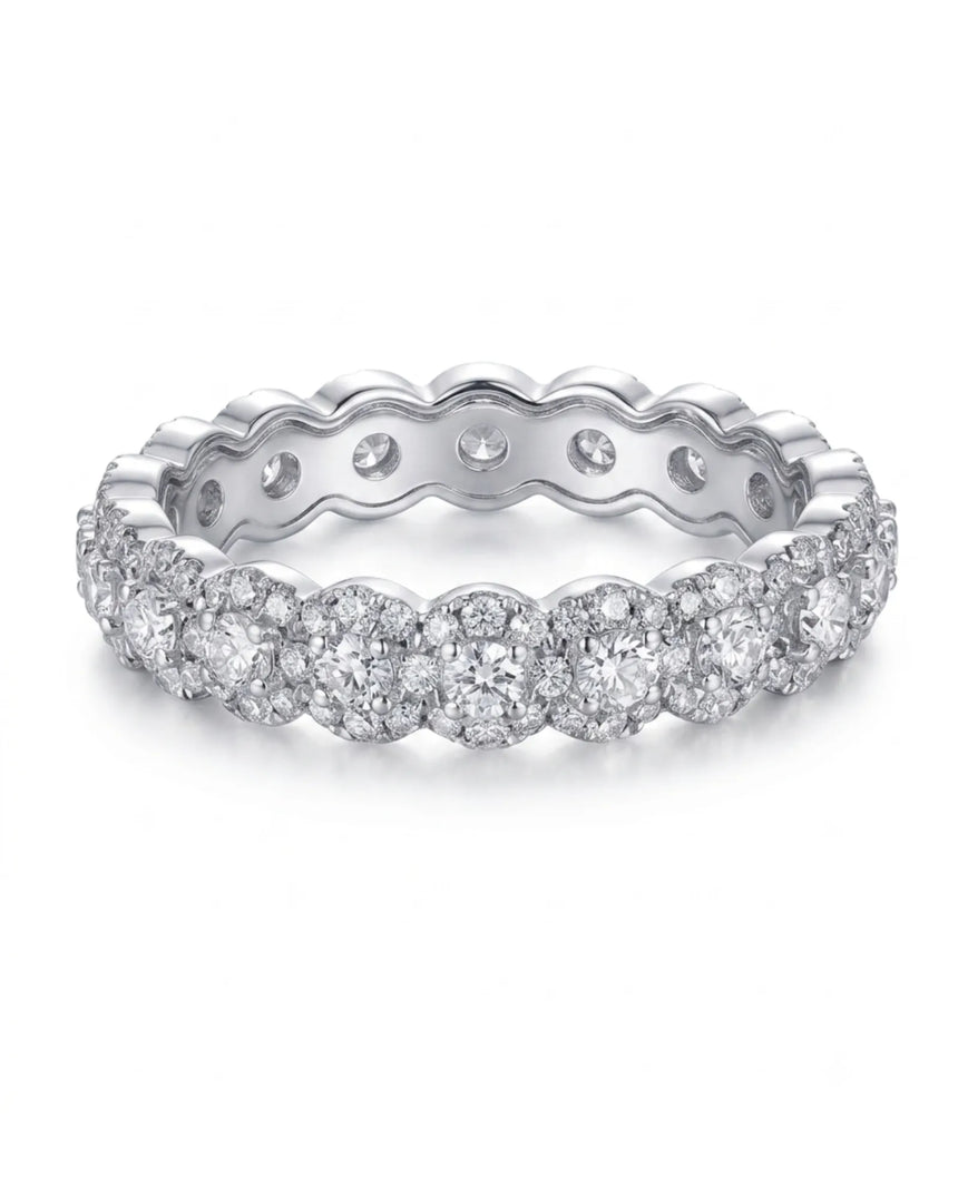 Luxury wedding ring with round diamonds and shimmering accents in 18K white gold for her | SARATTI
