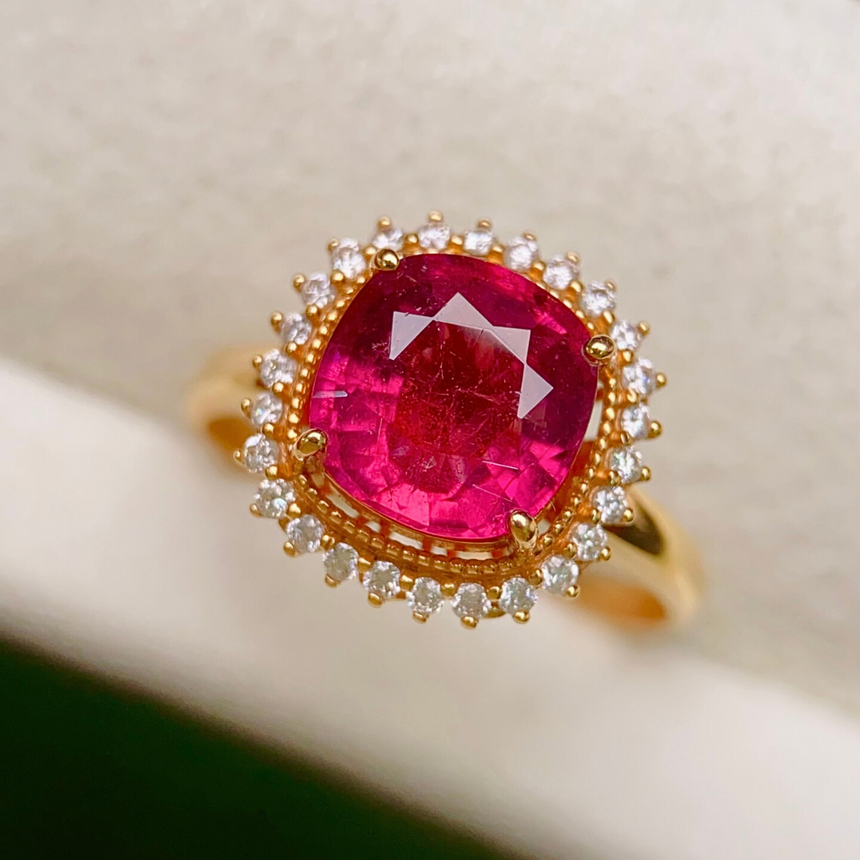 Luxury Red Tourmaline Diamond Halo Ring in Gold