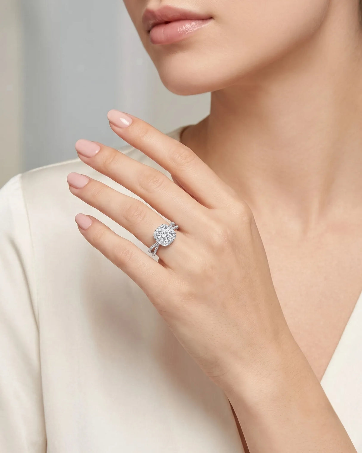 Sandra – Natural Round Diamond Halo Split-Shank Engagement Ring