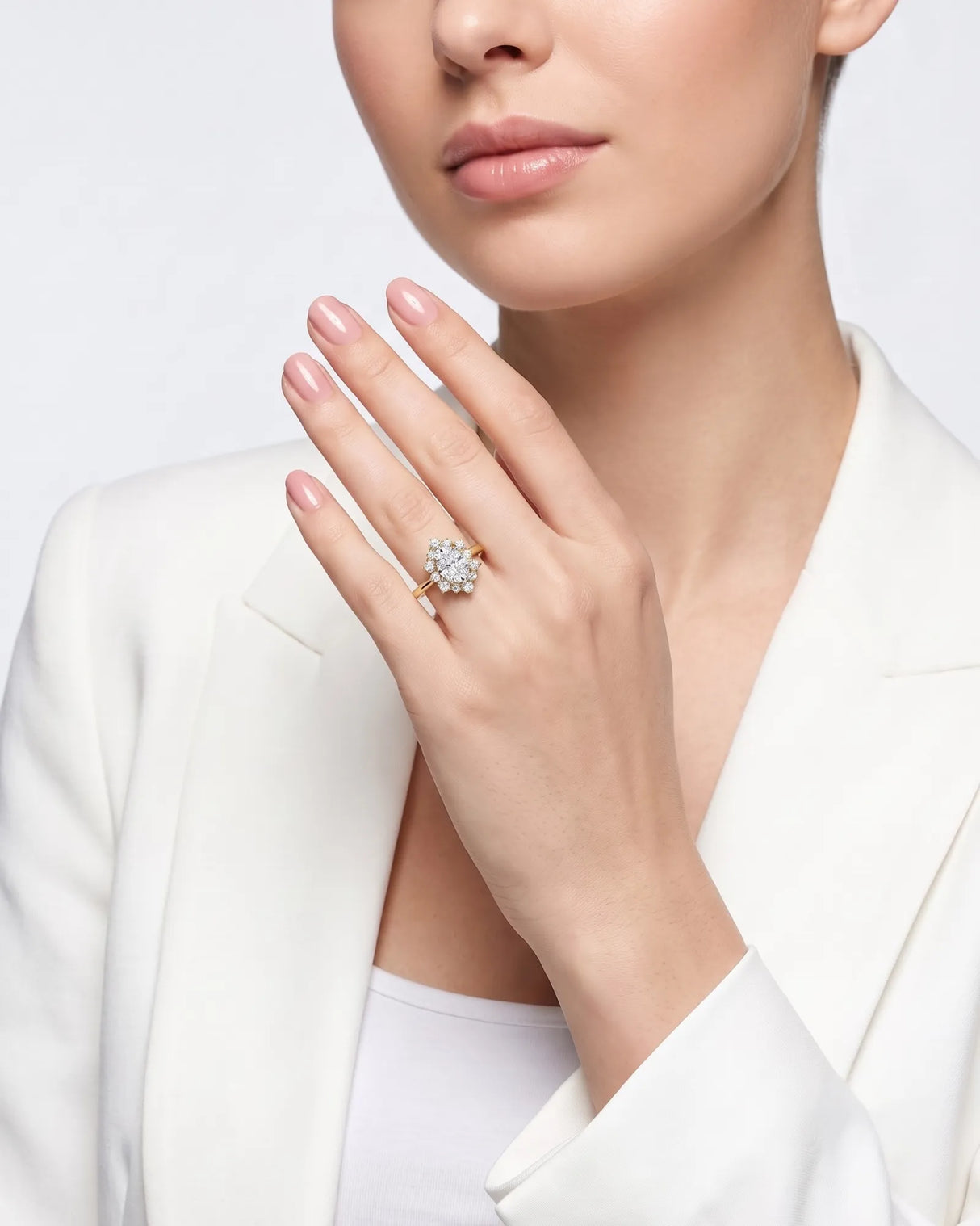 Julia – Natural Oval Diamond Floral Halo Engagement Ring
