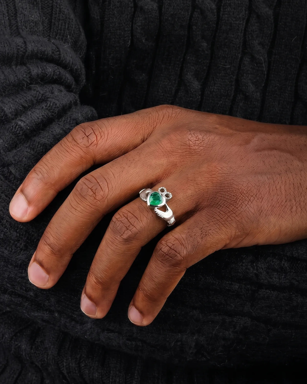 Coronet Heart Emerald Claddagh Ring — 18K White Gold — On Model