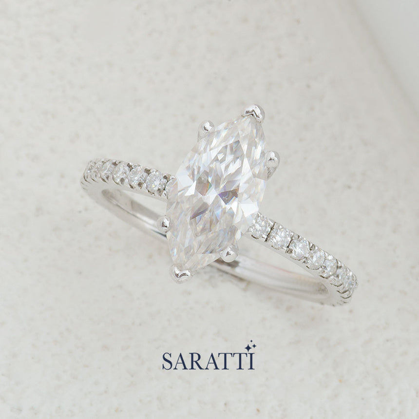 1 carat Marquise Diamond Prong Set in 18K White Gold Engagement Ring | Saratti Jewelry