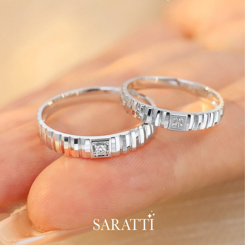 Matching 18K White Gold Diamond Wedding Set | His & Hers | Saratti