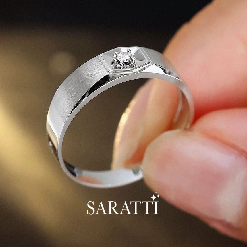 Model Holds the White Gold Six Paths Two Tone Diamond Ring for Men| Saratti