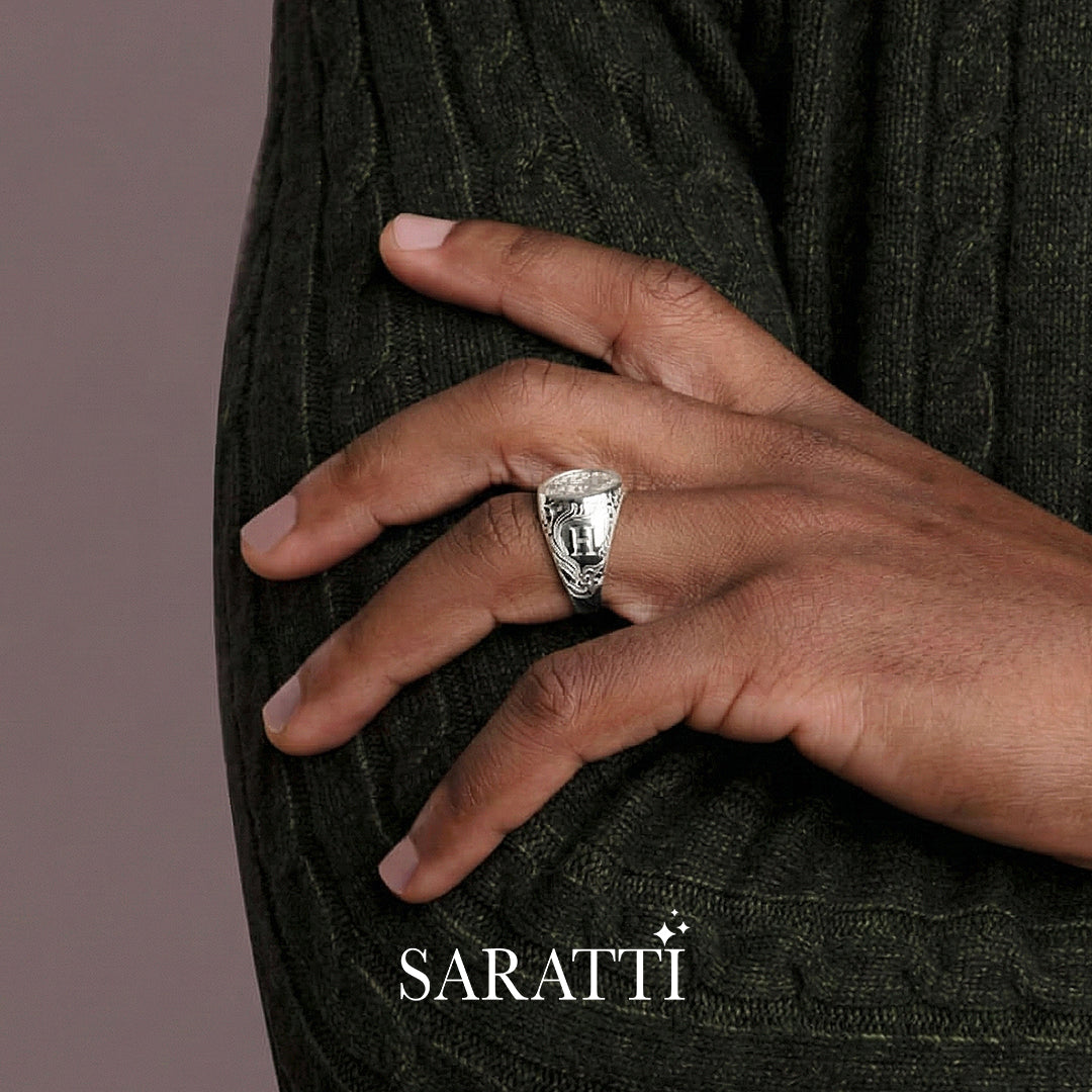 Mens initial ring worn on hand in 18K white gold | SARATTI