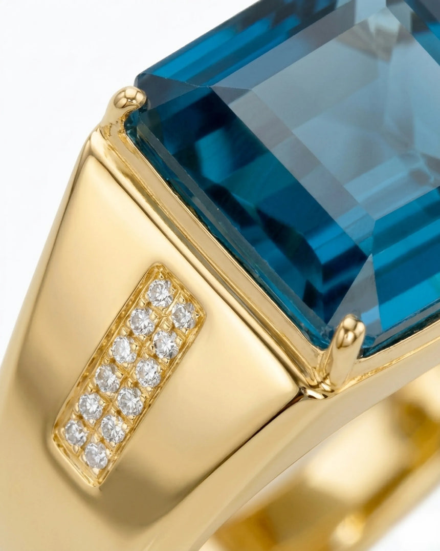 Men’s London blue topaz signet ring emerald cut 14K yellow gold | SARATTI