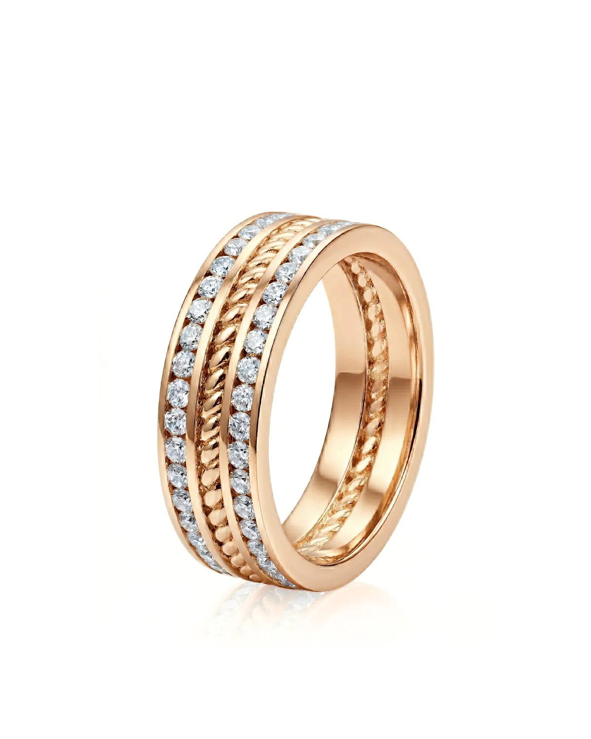 Men’s diamond wedding band with round stones and rope center in 18K rose gold | SARATTI