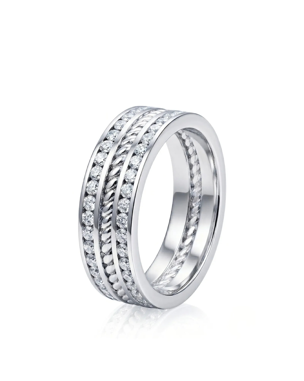 Men’s diamond wedding band with round stones and rope center in 18K white gold | SARATTI