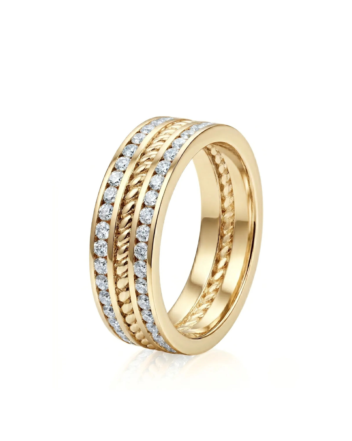Men’s diamond wedding band with round stones and rope center in 18K yellow gold | SARATTI