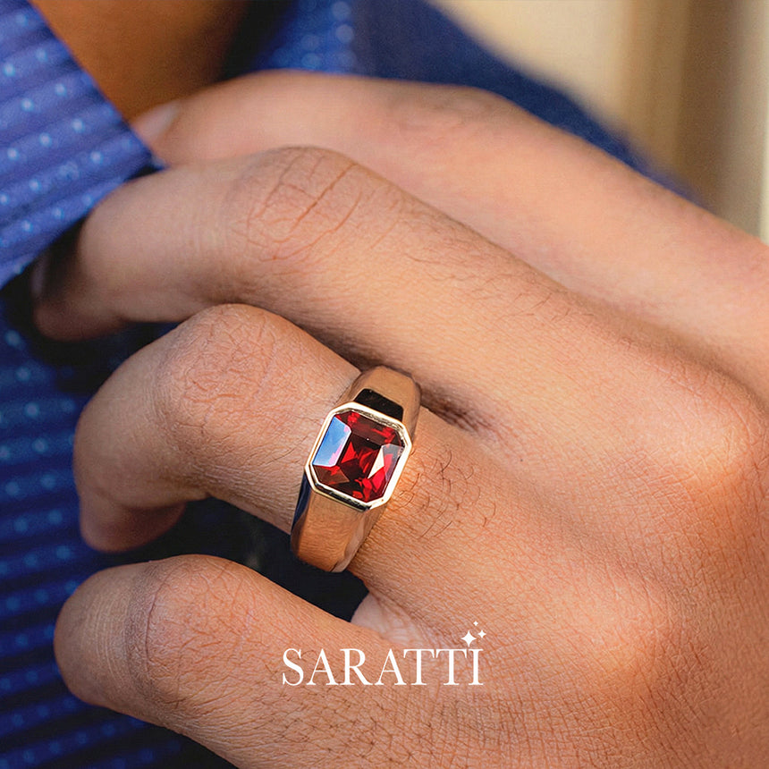 Men’s garnet signet ring sovereign design 18k rose gold bezel frame | SARATTI