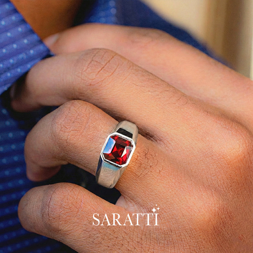 Men’s garnet signet ring sovereign design 18k white gold bezel frame | SARATTI