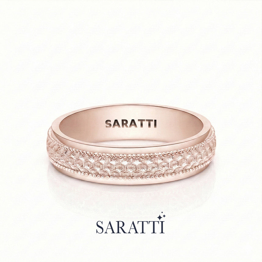 Men's honeycomb wedding band 18k rose gold hexagonal patterned ring | SARATTI