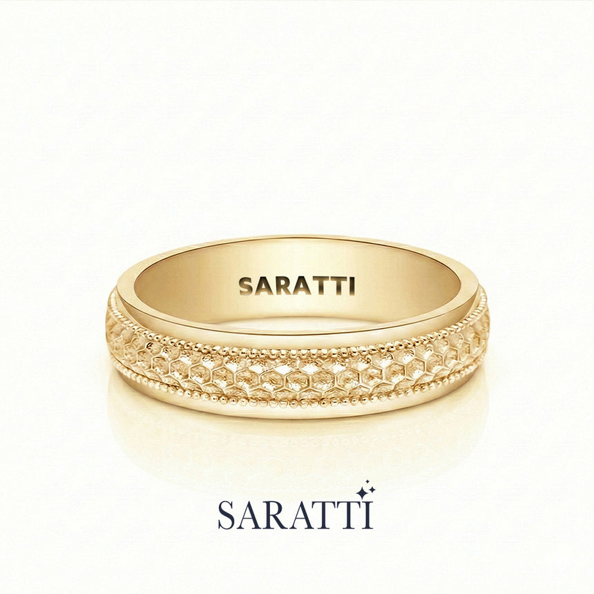 Men's honeycomb wedding band 18k yellow gold hexagonal patterned ring | SARATTI