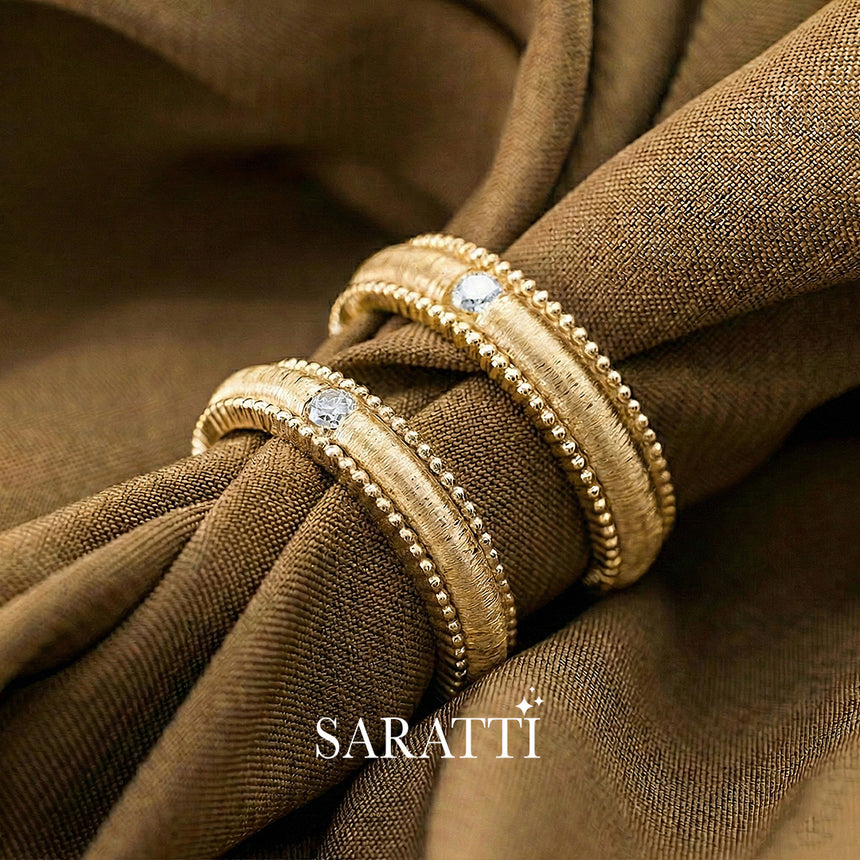 Men’s layered wedding band imperium 18k yellow gold milgrain edge diamond | SARATTI