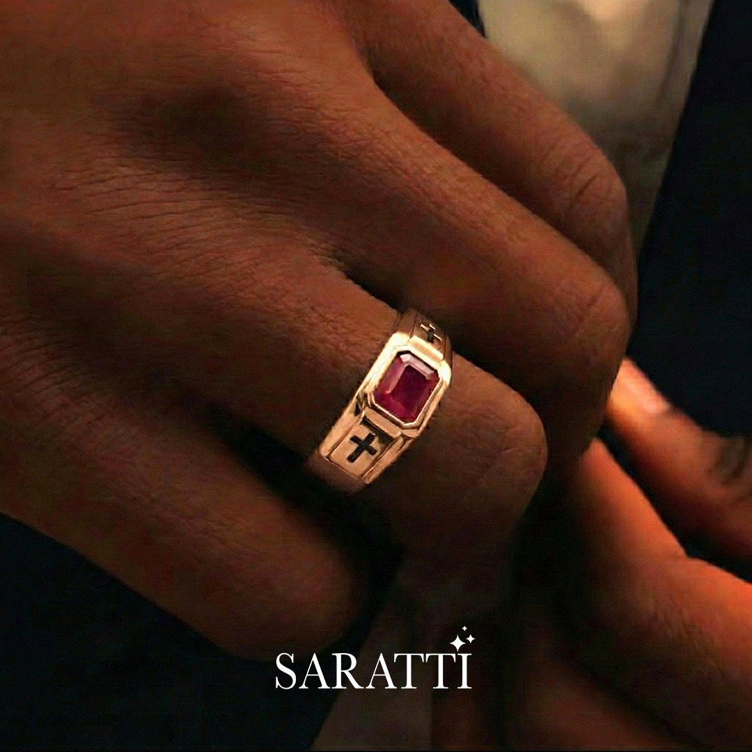 Men’s ruby cross signet band dominion design 18k rose gold ruby center | SARATTI