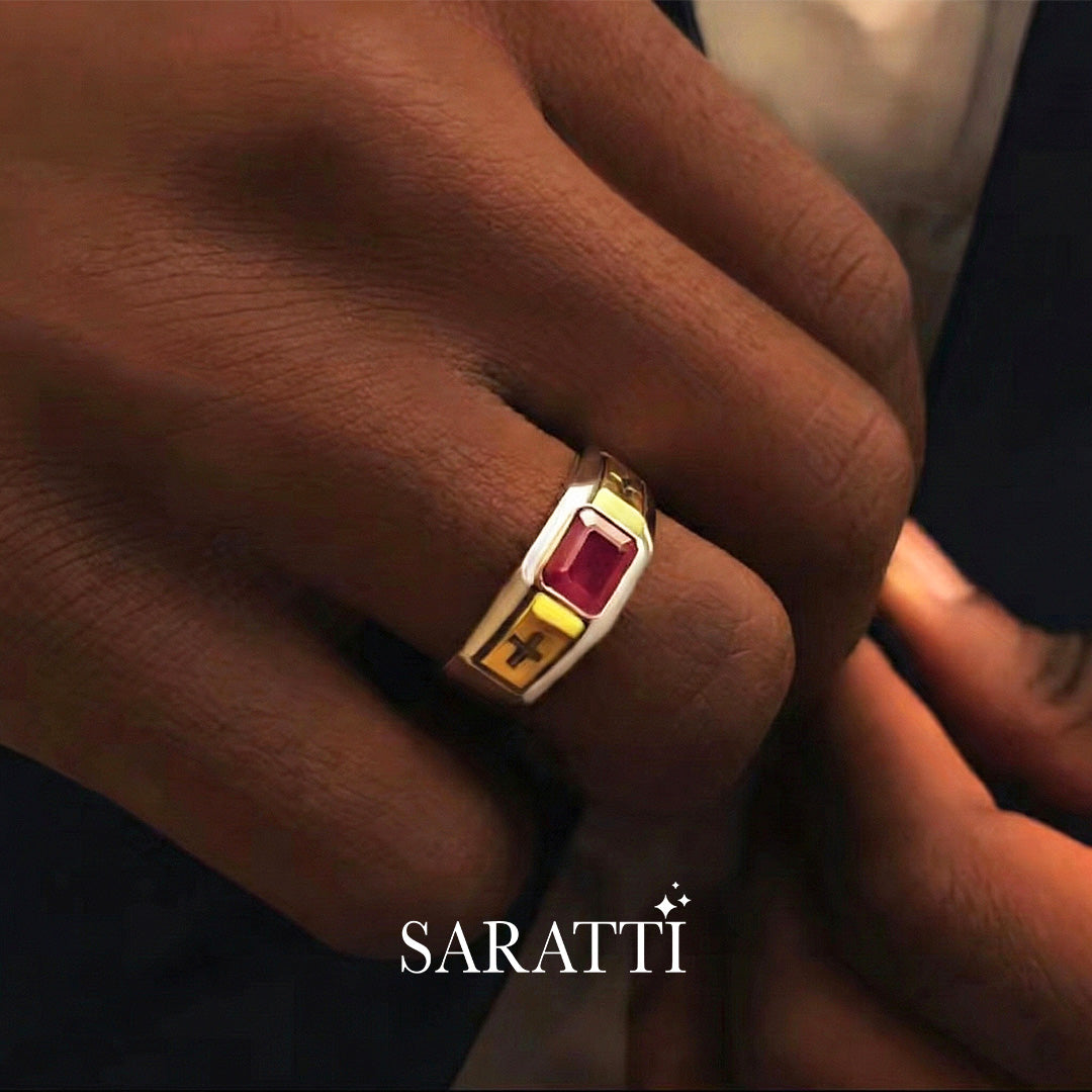 Men’s ruby cross signet band dominion design 18k white and yellow gold ruby center | SARATTI