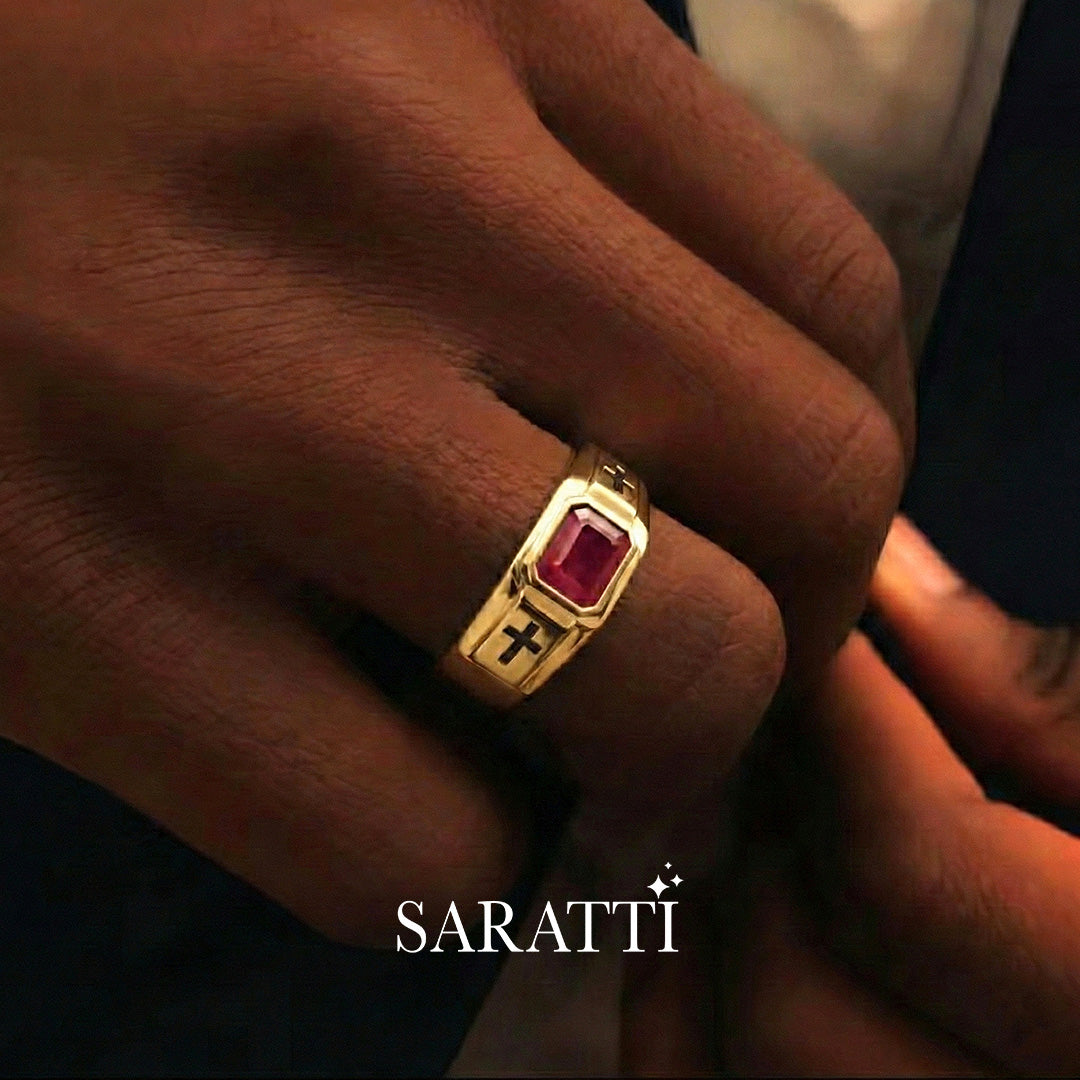 Men’s ruby cross signet band dominion design 18k yellow gold ruby center | SARATTI