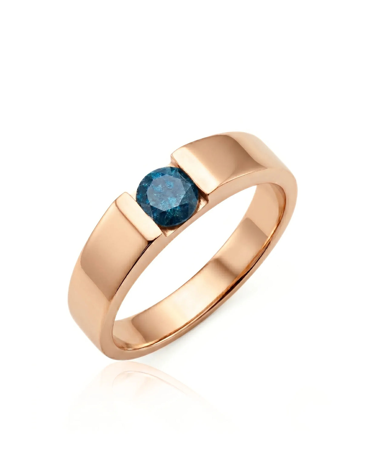 Men’s wedding band with round treated blue diamond, tension-set without side stones in 18K rose gold | SARATTI