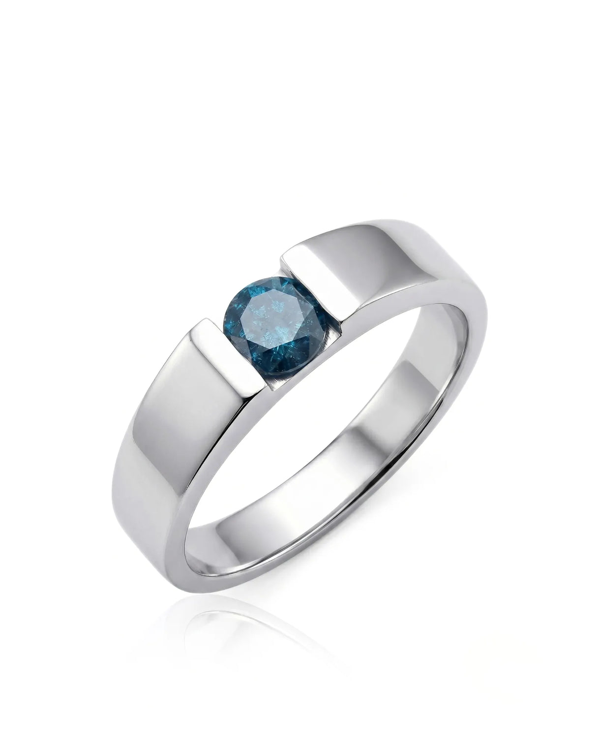 Men’s wedding band with round treated blue diamond, tension-set without side stones in 18K white gold | SARATTI