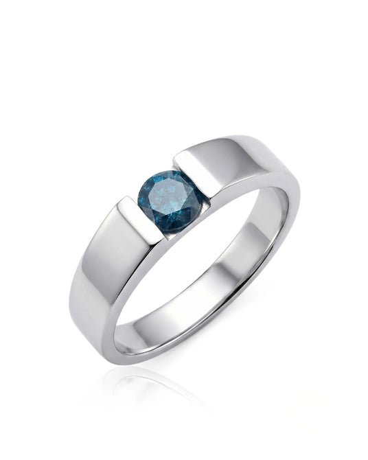 Men’s wedding band with round treated blue diamond, tension-set without side stones in 18K white gold | SARATTI