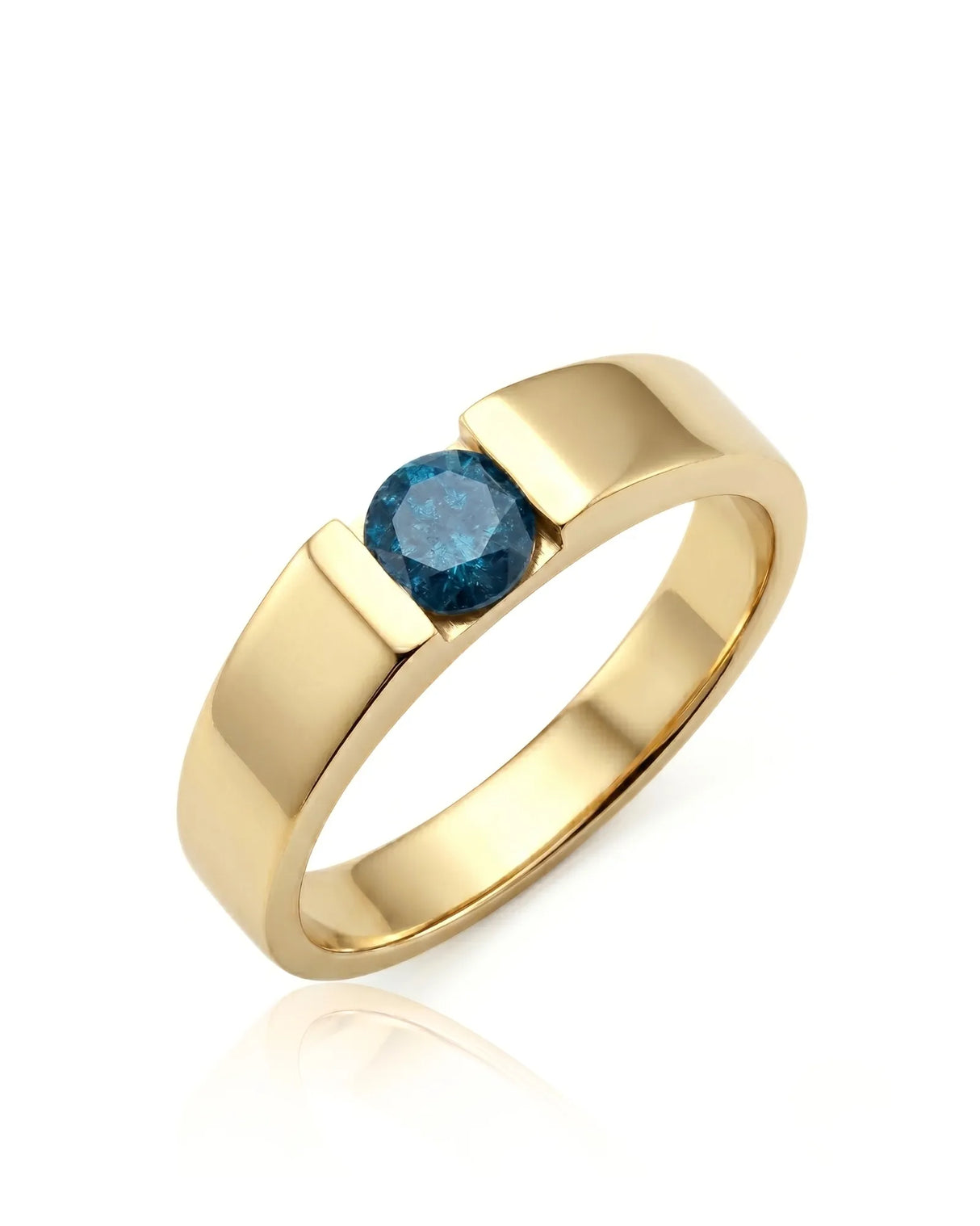 Men’s wedding band with round treated blue diamond, tension-set without side stones in 18K yellow gold | SARATTI